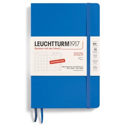 LEUCHTTURM1917 Paperback B6+ Agenda mensile e taccuino 2025, copertina morbida, 16 mesi, 80 g, a righe Sky LEUCHTTURM1917 Paperback B6+ Agenda mensile e taccuino 2025, copertina morbida, 16 mesi, 80 g, a righe Sky