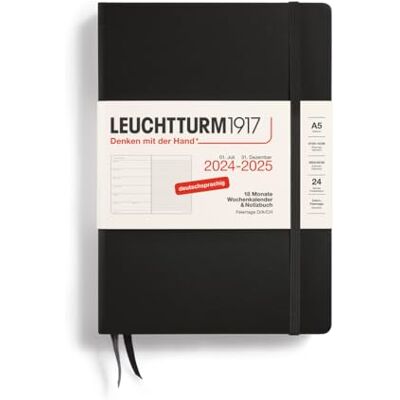 LEUCHTTURM1917 Agenda settimanale e taccuino 2025, formato A5, copertina rigida, 18 mesi, 80 g, a righe, colore: Nero LEUCHTTURM1917 Agenda settimanale e taccuino 2025, formato A5, copertina rigida, 18 mesi, 80 g, a righe, colore: Nero