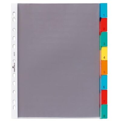 Durable Busta intercalare forata, cavalierini colorati, set di etichette bianche o stampate 1-8, f.to A4, 8 tasti, foratura universale, trasparente Durable Busta intercalare forata, cavalierini colorati, set di etichette bianche o stampate 1-8, f.to A4, 8 tasti, foratura universale, trasparente