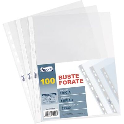 Favorit Buste Trasparenti con fori, 100 Pezzi, Finitura Liscia, Formato Interno 22 x 30 cm Favorit Buste Trasparenti con fori, 100 Pezzi, Finitura Liscia, Formato Interno 22 x 30 cm