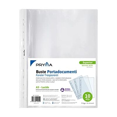 Pryma Busta Forata A3 30x42 cm – Confezione da 10, Trasparente e Lucida, Resistente con Fori Universali per Raccoglitori, Perfetta per Documenti e Disegni Pryma Busta Forata A3 30x42 cm – Confezione da 10, Trasparente e Lucida, Resistente con Fori Universali per Raccoglitori, Perfetta per Documenti e Disegni