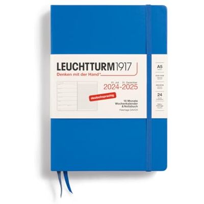 LEUCHTTURM1917 Agenda settimanale e taccuino 2025, formato A5, copertina rigida, 18 mesi, 80 g, a righe Sky LEUCHTTURM1917 Agenda settimanale e taccuino 2025, formato A5, copertina rigida, 18 mesi, 80 g, a righe Sky