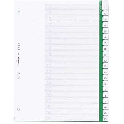 Durable Divisorio con cavalierini termosaldati e set di etichette, f.to A4, 20 tasti, foratura 60/80 + 80x80x80 mm, verde Durable Divisorio con cavalierini termosaldati e set di etichette, f.to A4, 20 tasti, foratura 60/80 + 80x80x80 mm, verde