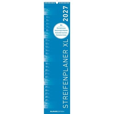 Alpha Streifenplaner XL BLAU 2027: schmaler Wandplaner 15x64 cm mit farblich markierten Wochenenden, Feiertagen & Mondphasen, ideal für Haushalt, Familie & Büro Alpha Streifenplaner XL BLAU 2027: schmaler Wandplaner 15x64 cm mit farblich markierten Wochenenden, Feiertagen & Mondphasen, ideal für Haushalt, Familie & Büro