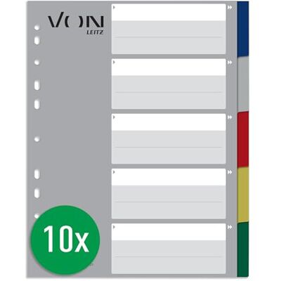 Leitz VON 12230000 Divisori in 5 parti, formato A4, in polipropilene, extra larghi, 11 fori, universali, per cartelle e raccoglitori ad anelli, multicolore Leitz VON 12230000 Divisori in 5 parti, formato A4, in polipropilene, extra larghi, 11 fori, universali, per cartelle e raccoglitori ad anelli, multicolore