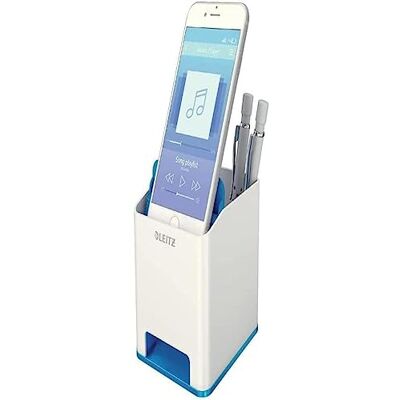Leitz WOW Portapenne con amplificatore del suono Dual Color Bianco / Blu metall. Leitz WOW Portapenne con amplificatore del suono Dual Color Bianco / Blu metall.