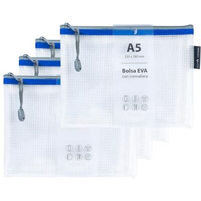 Grafoplás Grafoplas Confezione da 4 sacchetti con cerniera EVA a5 Realizzati in gomma EVA trasparente con cerniera blu Ideale per trasportare e proteggere tutti i tipi di oggetti, documenti, cosmetici o Grafoplás Grafoplas Confezione da 4 sacchetti con cerniera EVA a5 Realizzati in gomma EVA trasparente con cerniera blu Ideale per trasportare e proteggere tutti i tipi di oggetti, documenti, cosmetici o
