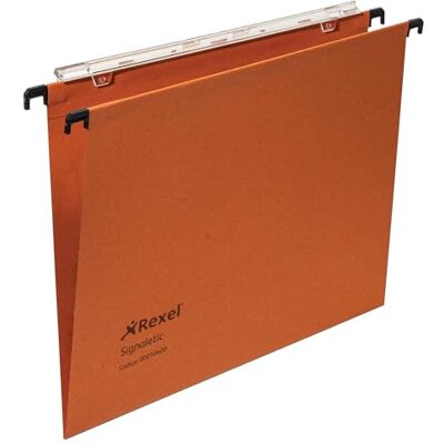 Rexel Signaletic Cartelle Sospese per cassetto con fondo a V, Interasse 33 cm, Arancione, Confezione da 25 pz, 10400 Rexel Signaletic Cartelle Sospese per cassetto con fondo a V, Interasse 33 cm, Arancione, Confezione da 25 pz, 10400