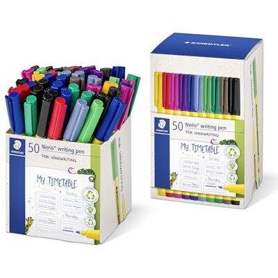 Staedtler Noris Writing pen 307 Fineliner, alloggiamento in 97% plastica riciclata a norma ISO 14021, contenitore in cartone con penna fineliner 50 ST in colori assortiti, 307-S CT50 Staedtler Noris Writing pen 307 Fineliner, alloggiamento in 97% plastica riciclata a norma ISO 14021, contenitore in cartone con penna fineliner 50 ST in colori assortiti, 307-S CT50