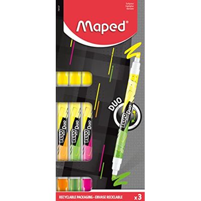 Maped 3 evidenziatori fluorescenti Peps Duo Penne fluorescenti 2 in 1 con doppia punta Comodo per scrivere su tutti i tipi di carta Feltro fluorescente ergonomico giallo + verde + rosa + Maped 3 evidenziatori fluorescenti Peps Duo Penne fluorescenti 2 in 1 con doppia punta Comodo per scrivere su tutti i tipi di carta Feltro fluorescente ergonomico giallo + verde + rosa +