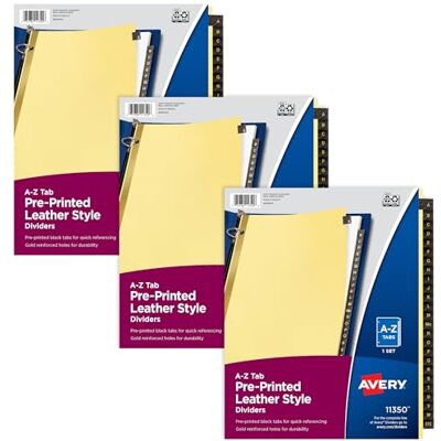 Avery Divisori A-Z per raccoglitori a 3 anelli, set da 25 linguette, linguette prestampate in pelle nera, 3 set di divisori () Avery Divisori A-Z per raccoglitori a 3 anelli, set da 25 linguette, linguette prestampate in pelle nera, 3 set di divisori ()