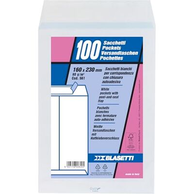 Blasetti Buste a Sacco Bianche 16x23cm 100pz Carta 80gr : buste a sacco bianche 80gr uso mano FSC, strip adesivo autoadesivo, apertura lato corto. Blasetti Buste a Sacco Bianche 16x23cm 100pz Carta 80gr : buste a sacco bianche 80gr uso mano FSC, strip adesivo autoadesivo, apertura lato corto.