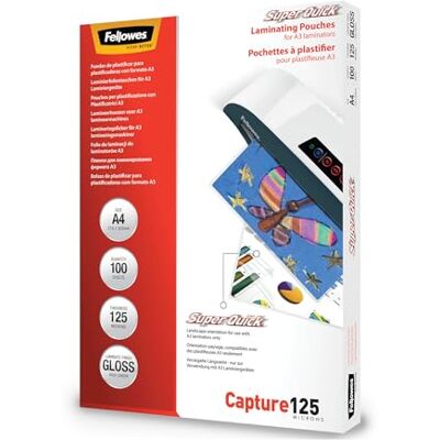 Fellowes Fogli per Plastificatrice A4 Super Quick, Buste per Plastificatrice Formato A4, 125 Micron, Chiuse sul Bordo Lungo, Confezione da 100 Pouches per Plastificare Fellowes Fogli per Plastificatrice A4 Super Quick, Buste per Plastificatrice Formato A4, 125 Micron, Chiuse sul Bordo Lungo, Confezione da 100 Pouches per Plastificare