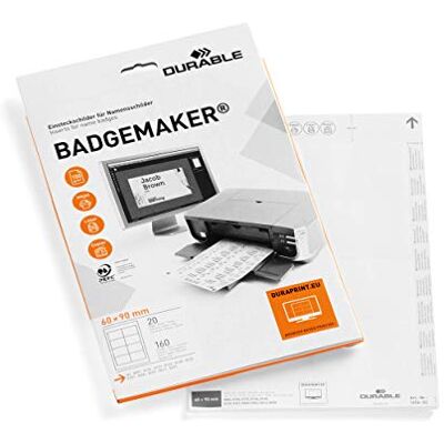 Durable Badgemaker, cartoncini inserto per portanome, 60x90 mm (HxL), bianco, confezione da 160 inserti Durable Badgemaker, cartoncini inserto per portanome, 60x90 mm (HxL), bianco, confezione da 160 inserti