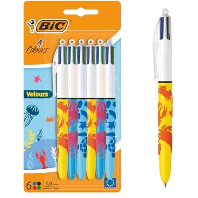 BIC Penne a sfera fusto in velluto 4 colori, punta media 1,00 mm, tema vita marina, 3 motivi assortiti, confezione da 6 BIC Penne a sfera fusto in velluto 4 colori, punta media 1,00 mm, tema vita marina, 3 motivi assortiti, confezione da 6