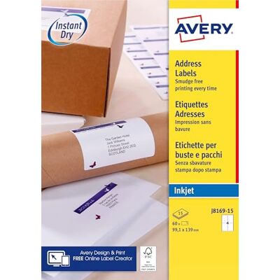 Avery Confezione da 60 etichette di spedizione bianche 99,1 x 139 mm a getto d'inchiostro () Avery Confezione da 60 etichette di spedizione bianche 99,1 x 139 mm a getto d'inchiostro ()