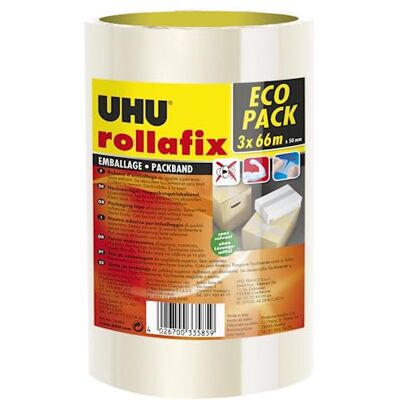 UHU Rollafix Nastri adesivi per imballaggio trasparente, confezione da 3 nastri da 66 m x 50 mm UHU Rollafix Nastri adesivi per imballaggio trasparente, confezione da 3 nastri da 66 m x 50 mm