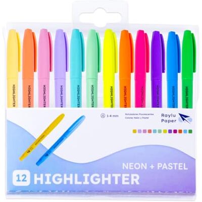 RAYLU PAPER – Evidenziatori Fluo Neon e Pastello con Punta a Scalpello, Set Evidenziatori da 12 con Tratto 1–4 mm, Highlighters per Studio, Ufficio e Organizzazione (Neon + Pastello) RAYLU PAPER – Evidenziatori Fluo Neon e Pastello con Punta a Scalpello, Set Evidenziatori da 12 con Tratto 1–4 mm, Highlighters per Studio, Ufficio e Organizzazione (Neon + Pastello)