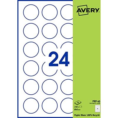 Avery 240 etichette adesive rotonde, carta bianca riciclata, diametro 40 mm, personalizzabili e stampabili laser, getto d'inchiostro e copiatrice () Avery 240 etichette adesive rotonde, carta bianca riciclata, diametro 40 mm, personalizzabili e stampabili laser, getto d'inchiostro e copiatrice ()