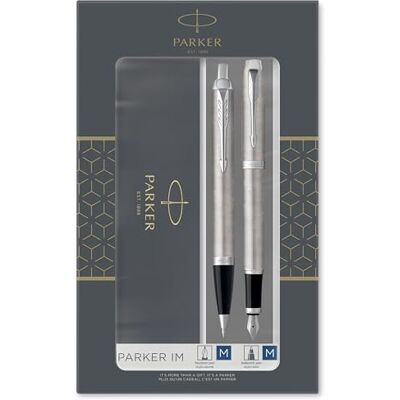 Parker IM Duo set regalo con penna a sfera e penna stilografica acciaio inossidabile, Puntale cromato cartuccia e ricarica di inchiostro blu confezione regalo Parker IM Duo set regalo con penna a sfera e penna stilografica acciaio inossidabile, Puntale cromato cartuccia e ricarica di inchiostro blu confezione regalo