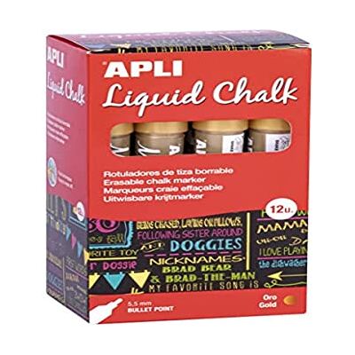 APLI Liquid Chalk, Pennarelli a gesso liquido, cancellabili, punta rotonda da 5,5 mm, colore oro, 12 pezzi APLI Liquid Chalk, Pennarelli a gesso liquido, cancellabili, punta rotonda da 5,5 mm, colore oro, 12 pezzi