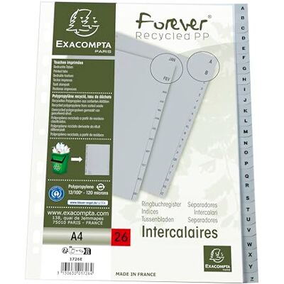 Exacompta Rif. Cartone da 20 divisori in polipropilene riciclato grigio con 26 linguette stampate alfabetiche dalla A alla Z, formato A4, dimensioni: 22,5 x 29,7 cm, certificato angelo blu Exacompta Rif. Cartone da 20 divisori in polipropilene riciclato grigio con 26 linguette stampate alfabetiche dalla A alla Z, formato A4, dimensioni: 22,5 x 29,7 cm, certificato angelo blu