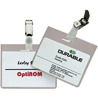 Durable Portanome con clip ruotabile, tasca chiusa per proteggere l'inserto, 60x90 mm, trasparente, confezione da 5 pezzi Durable Portanome con clip ruotabile, tasca chiusa per proteggere l'inserto, 60x90 mm, trasparente, confezione da 5 pezzi