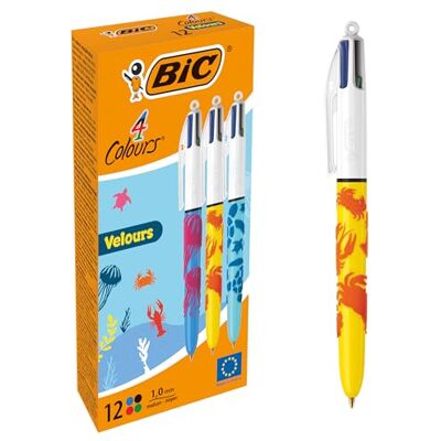 BIC 4Colori Velours, Penna a Sfera a Scatto, Colorate, con Fusto in Velluto, Punta Media, 1 mm, Cancelleria Scuola e Ufficio, 12 unita BIC 4Colori Velours, Penna a Sfera a Scatto, Colorate, con Fusto in Velluto, Punta Media, 1 mm, Cancelleria Scuola e Ufficio, 12 unita