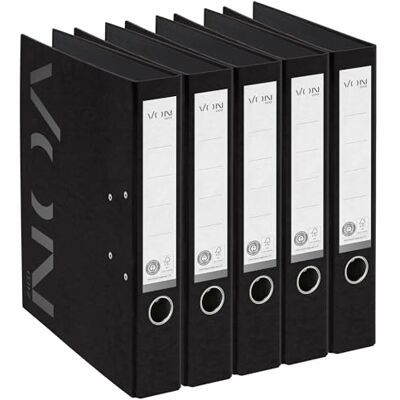 Leitz VON Confezione da 5 cartelle A4, 100% carta riciclata, larghezza dorso 50 mm, per 350 fogli, certificazione Blue Angel & FSC, per scuola, studio e casa, colore: nero Leitz VON Confezione da 5 cartelle A4, 100% carta riciclata, larghezza dorso 50 mm, per 350 fogli, certificazione Blue Angel & FSC, per scuola, studio e casa, colore: nero