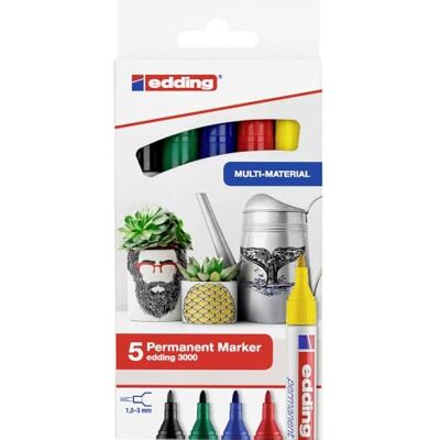Edding 3000 Marcatore Permanente, Rosso, Blu, Verde, Giallo, Nero, 5 Colori Base, Punta Tonda, Asciugatura Rapida, Impermeabile, per Cartone, Plastica, Legno, Metallo, Vetro Edding 3000 Marcatore Permanente, Rosso, Blu, Verde, Giallo, Nero, 5 Colori Base, Punta Tonda, Asciugatura Rapida, Impermeabile, per Cartone, Plastica, Legno, Metallo, Vetro