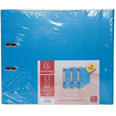 Exacompta Rif. 918412SE Cartone da 4 confezioni da 3 raccoglitori a leva, dorso da 80 mm, formato A4, esterno in polipropilene, interno in carta, colore: azzurro Exacompta Rif. 918412SE Cartone da 4 confezioni da 3 raccoglitori a leva, dorso da 80 mm, formato A4, esterno in polipropilene, interno in carta, colore: azzurro