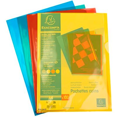 Exacompta Rif. Confezione da 100 tasche angoli In polipropilene liscio di alta qualità Spessore ultra spesso 12/100° Formato da classificare A4-4 colori assortiti Exacompta Rif. Confezione da 100 tasche angoli In polipropilene liscio di alta qualità Spessore ultra spesso 12/100° Formato da classificare A4-4 colori assortiti
