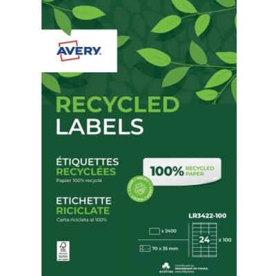 Avery Confezione da 2400 etichette 100% riciclate autoadesive. Personalizzabili e stampabili. Formato 70 x 35 mm Angoli vivi. Stampa laser e getto d'inchiostro. (LR3422-100) Avery Confezione da 2400 etichette 100% riciclate autoadesive. Personalizzabili e stampabili. Formato 70 x 35 mm Angoli vivi. Stampa laser e getto d'inchiostro. (LR3422-100)
