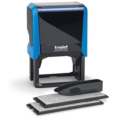 Trodat Timbro d'inchiostro personalizzabile Printy 4927 Typomatic 4.0 Blu – 8 righe di testo da comporre – inchiostro automatico – inchiostro nero fornito – piastra composizione e pinza in dotazione Trodat Timbro d'inchiostro personalizzabile Printy 4927 Typomatic 4.0 Blu – 8 righe di testo da comporre – inchiostro automatico – inchiostro nero fornito – piastra composizione e pinza in dotazione