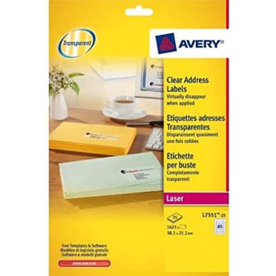 Avery Etichette lucide invisibili L7551, 65 per foglio Avery Etichette lucide invisibili L7551, 65 per foglio