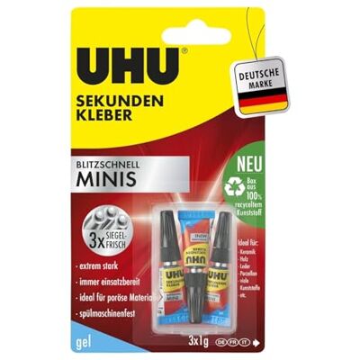 UHU Colla istantanea extra forte, 3 tubi di colla da 1 g, con scatola di immagazzinaggio UHU Colla istantanea extra forte, 3 tubi di colla da 1 g, con scatola di immagazzinaggio