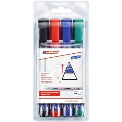 Edding 363 Marcatore per lavagne bianche punta a scalpello; Astuccio 4 pz.; Colori nero, rosso, blu, verde; Tratto 1-5 mm Edding 363 Marcatore per lavagne bianche punta a scalpello; Astuccio 4 pz.; Colori nero, rosso, blu, verde; Tratto 1-5 mm