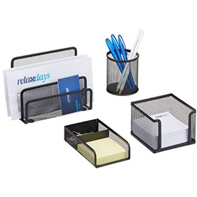 Relaxdays Set da Scrivania Ufficio, 4 Accessori, Portacarte, Portapenne, Contenitore Foglietti e Graffette, Mesh, Nero Relaxdays Set da Scrivania Ufficio, 4 Accessori, Portacarte, Portapenne, Contenitore Foglietti e Graffette, Mesh, Nero