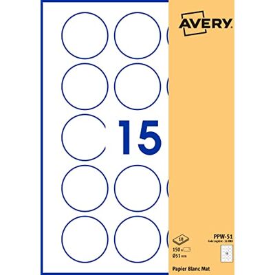 Avery 150 etichette adesive rotonde, carta bianca, diametro 51 mm, personalizzabili e stampabili laser, getto d'inchiostro e copiatrice () Avery 150 etichette adesive rotonde, carta bianca, diametro 51 mm, personalizzabili e stampabili laser, getto d'inchiostro e copiatrice ()
