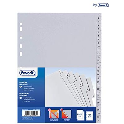 Favorit Divisori a Foratura Universale per Raccoglitori ad Anelli con 31 Tacche Numeriche (da 1 a 31), Formato Interno A4, in Polipropilene (Materia Plastica Atossica) Favorit Divisori a Foratura Universale per Raccoglitori ad Anelli con 31 Tacche Numeriche (da 1 a 31), Formato Interno A4, in Polipropilene (Materia Plastica Atossica)