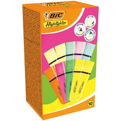 BIC Highlighter Flat, Evidenziatori piatti, Colori intensi e pastello, assortiti, confezione da 10 BIC Highlighter Flat, Evidenziatori piatti, Colori intensi e pastello, assortiti, confezione da 10