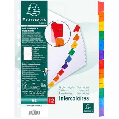 Exacompta Rif. Cartone da 20 divisori in carta bianca 160 g/m2 FSC® con 12 schede stampate mensili da gennaio a dicembre a colori, pagina di indicizzazione stampabile, per formato A4 Exacompta Rif. Cartone da 20 divisori in carta bianca 160 g/m2 FSC® con 12 schede stampate mensili da gennaio a dicembre a colori, pagina di indicizzazione stampabile, per formato A4