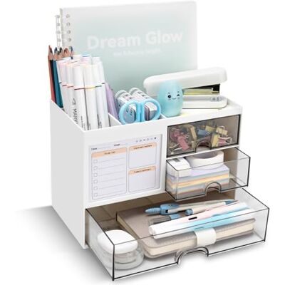 QIYVLOS Portapenne con 3 cassetti, portapenne multifunzione per scrivania, organizer da scrivania e accessori con 5 scomparti + cassetto per forniture artistiche da ufficio (bianco) QIYVLOS Portapenne con 3 cassetti, portapenne multifunzione per scrivania, organizer da scrivania e accessori con 5 scomparti + cassetto per forniture artistiche da ufficio (bianco)