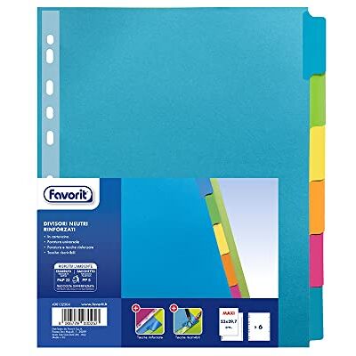 Favorit Divisori Rinforzati a Foratura Universale per Raccoglitori ad Anelli con 6 Tacche Neutre Colorate, Formato Interno 23 x 29.7 cm, in Cartoncino Rigido da 220 g/m² Favorit Divisori Rinforzati a Foratura Universale per Raccoglitori ad Anelli con 6 Tacche Neutre Colorate, Formato Interno 23 x 29.7 cm, in Cartoncino Rigido da 220 g/m²