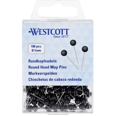 Westcott Puntine da disegno testa tonda Nere 100 pz E-10502 00 Puntine testa tonda Ø 5mm, lunghezza 19mm Per mappe, bacheche e pannelli in sughero Westcott Puntine da disegno testa tonda Nere 100 pz E-10502 00 Puntine testa tonda Ø 5mm, lunghezza 19mm Per mappe, bacheche e pannelli in sughero