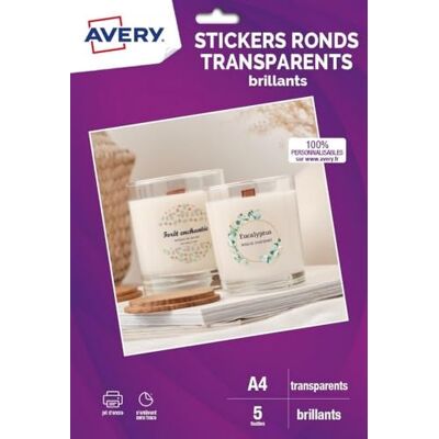 Avery 120 adesivi rotondi trasparenti personalizzabili e stampabili 4 cm stampa a getto d'inchiostro Avery 120 adesivi rotondi trasparenti personalizzabili e stampabili 4 cm stampa a getto d'inchiostro