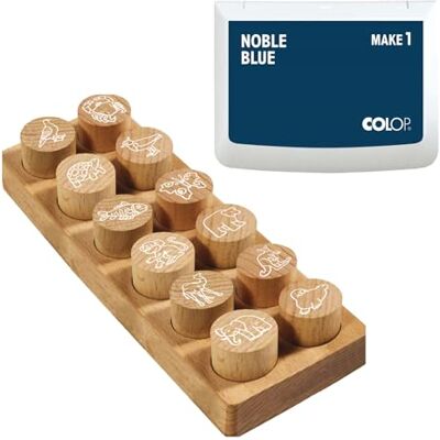 COLOP Woodies set di timbri in legno "Animali esotici" con 12 motivi, timbro di riconoscimento e motivazionale in legno di faggio, dimensione: Ø 29 mm, incl. 1 tampone d'inchiostro, blu, 50 x 90 mm COLOP Woodies set di timbri in legno "Animali esotici" con 12 motivi, timbro di riconoscimento e motivazionale in legno di faggio, dimensione: Ø 29 mm, incl. 1 tampone d'inchiostro, blu, 50 x 90 mm