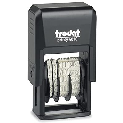 Trodat Printy 4810 Timbro Datario Autoinchiostrante Colore Nero, Formato Data GG MMM (in lettere) AAA, Italiano, Altezza carattere 3,8 mm, Impronta 20x38 mm, Cartuccia Nera Inclusa, in astuccio ECO Trodat Printy 4810 Timbro Datario Autoinchiostrante Colore Nero, Formato Data GG MMM (in lettere) AAA, Italiano, Altezza carattere 3,8 mm, Impronta 20x38 mm, Cartuccia Nera Inclusa, in astuccio ECO