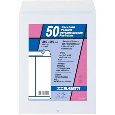 Blasetti Buste a Sacco Bianche 30x40cm 50pz Carta 80gr Strip Adesivo Blasetti Buste a Sacco Bianche 30x40cm 50pz Carta 80gr Strip Adesivo
