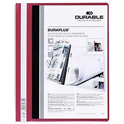 Durable Cartellina ad Aghi Duraplus, Formato A4+, Fronte Trasparente e Retro Colorato, Rosso, Confezione da 25 Pezzi Durable Cartellina ad Aghi Duraplus, Formato A4+, Fronte Trasparente e Retro Colorato, Rosso, Confezione da 25 Pezzi